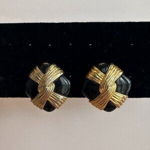 Black and Gold Tone Vintage Clip Earrings